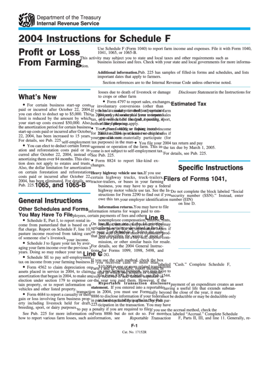 Instructions For Schedule F - Profit Or Loss From Farming - 2004 Printable pdf