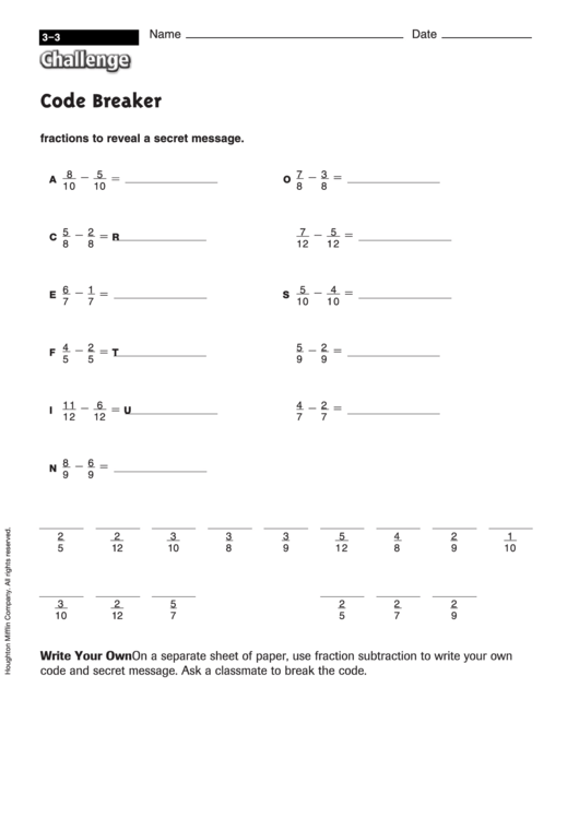Code Breaker - Fractions Worksheet With Answers