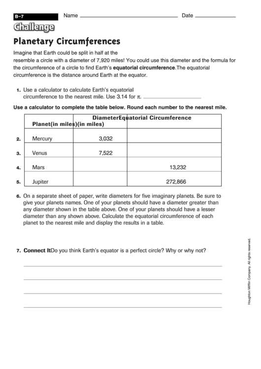 Planetary Circumferences - Math Worksheet With Answers Printable pdf