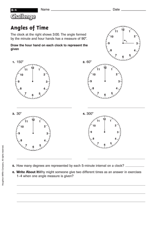 Angles Of Time - Geometry Worksheet With Answers Printable pdf