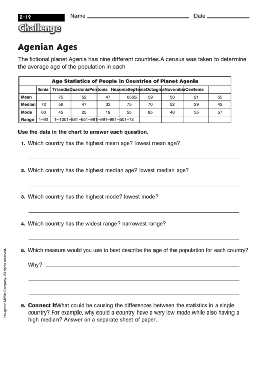 Agenian Ages - Math Worksheet With Answers Printable pdf