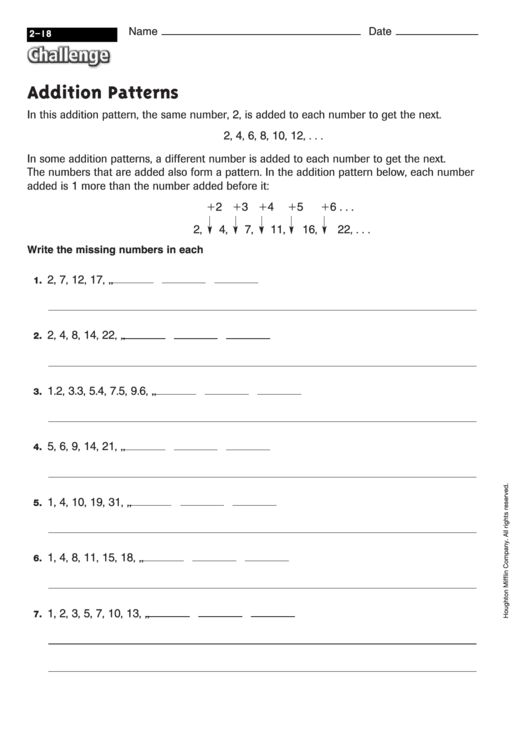 Addition Patterns - Addition Worksheet With Answers Printable pdf