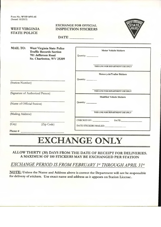 Form Wvsp-Mvi-4e - Exchange For Official Inspection Stickers - West Virginia State Police Printable pdf