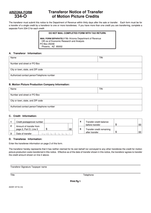 Fillable Arizona Form 334-O - Transferor Notice Of Transfer Of Motion Picture Credits Printable pdf