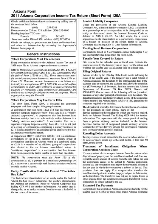 Arizona Form 120a Instruction - Arizona Corporation Income Tax Return (Short Form) - 2011 Printable pdf