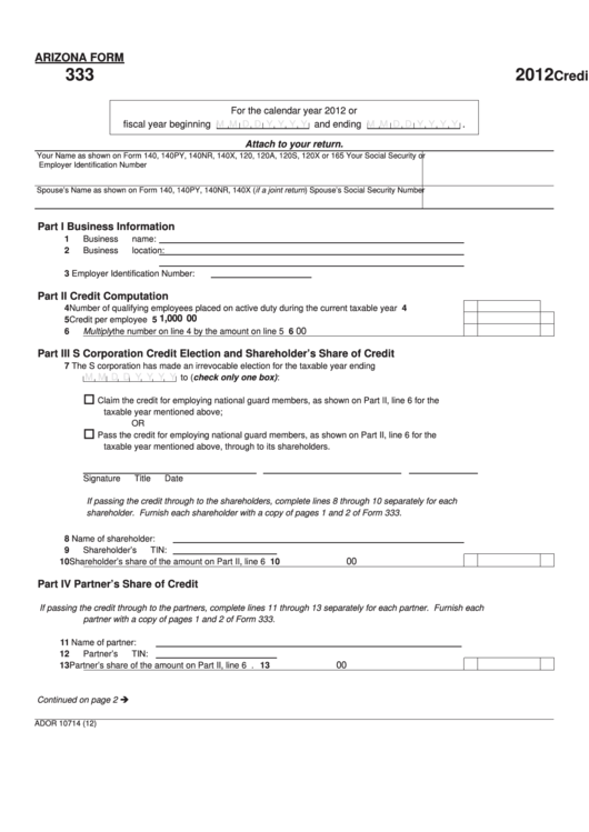 Fillable Arizona Form 333 - Credit For Employing National Guard Members - 2012 Printable pdf