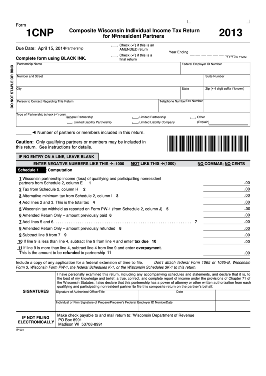 Fillable Form 1cnp - Composite Wisconsin Individual Income Tax Return For Nonresident Partners - 2013 Printable pdf