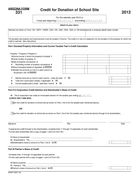 Fillable Arizona Form 331 - Credit For Donation Of School Site - 2012 Printable pdf