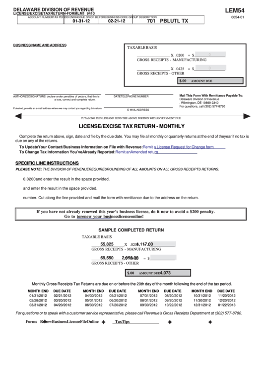 Fillable Form Lm1 9410 - License/excise Tax Return - Delaware Division Of Revenue - 2012 Printable pdf
