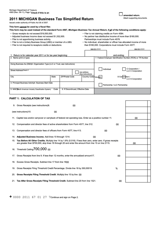 Form 4583 - Michigan Business Tax Simplified Return - 2011 Printable pdf
