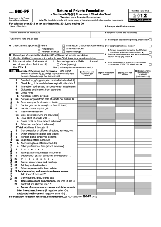 Fillable Form 990-Pf - Return Of Private Foundation - 2012 Printable pdf