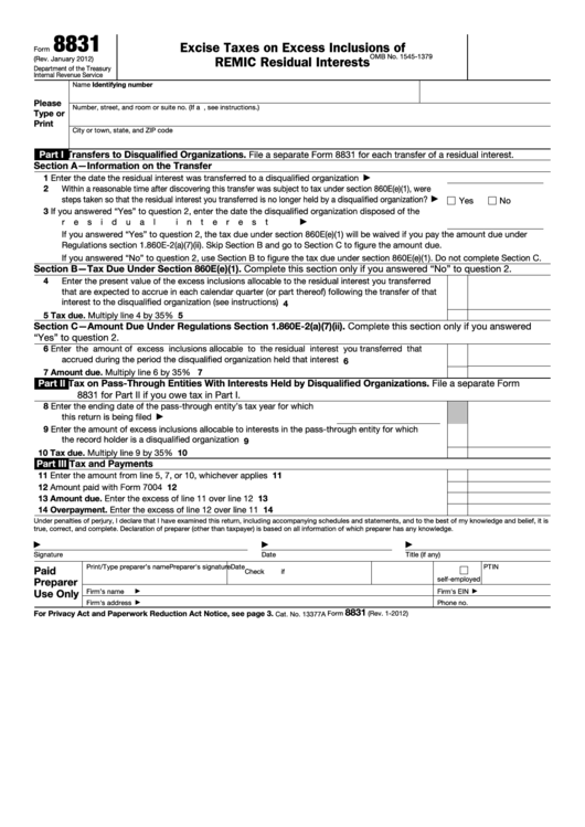 Fillable Form 8831 - Excise Taxes On Excess Inclusions Of Remic Residual Interests Printable pdf