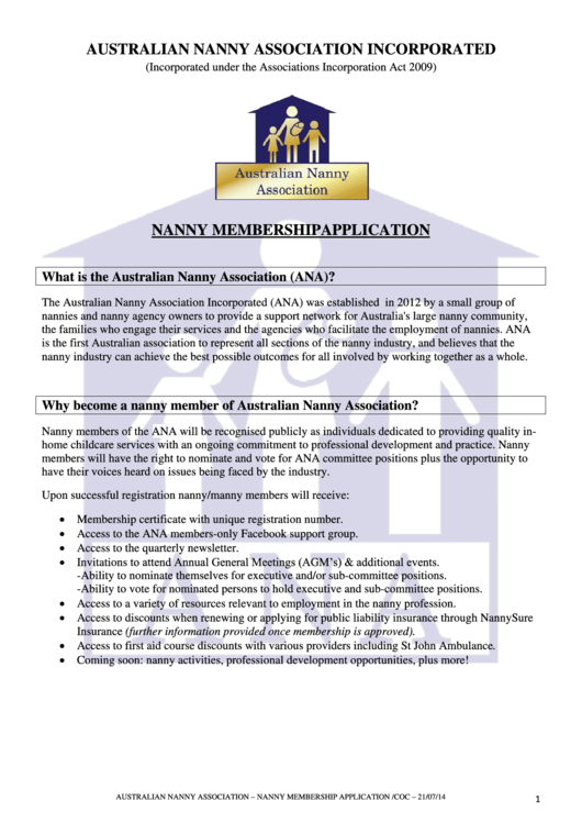 Nanny Membership Application - Australian Nanny Association Printable pdf