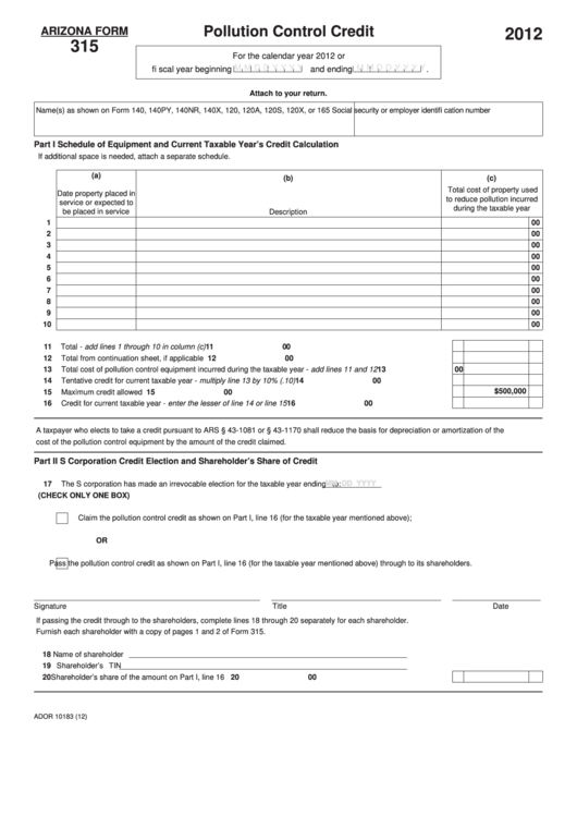 Fillable Arizona Form 315 - Pollution Control Credit - 2012 Printable pdf