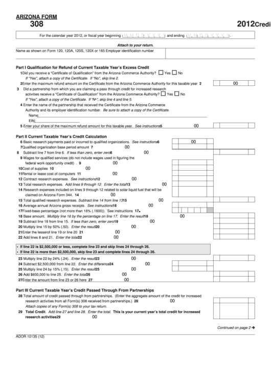 Fillable Arizona Form 308 - Credit For Increased Research Activities - 2012 Printable pdf
