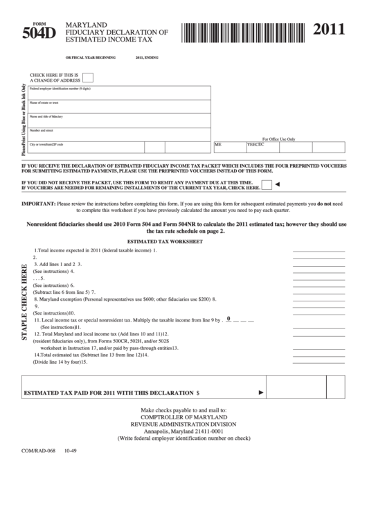 Fillable Form 504d - Maryland Fiduciary Declaration Of Estimated Income Tax - 2011 Printable pdf