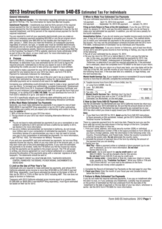 Form 540-es - Instructions For Form 540-es Estimated Tax For Individuals - 2013