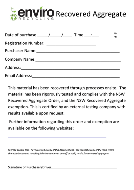 Recovered Aggregate Form - Enviro Recycling printable pdf download