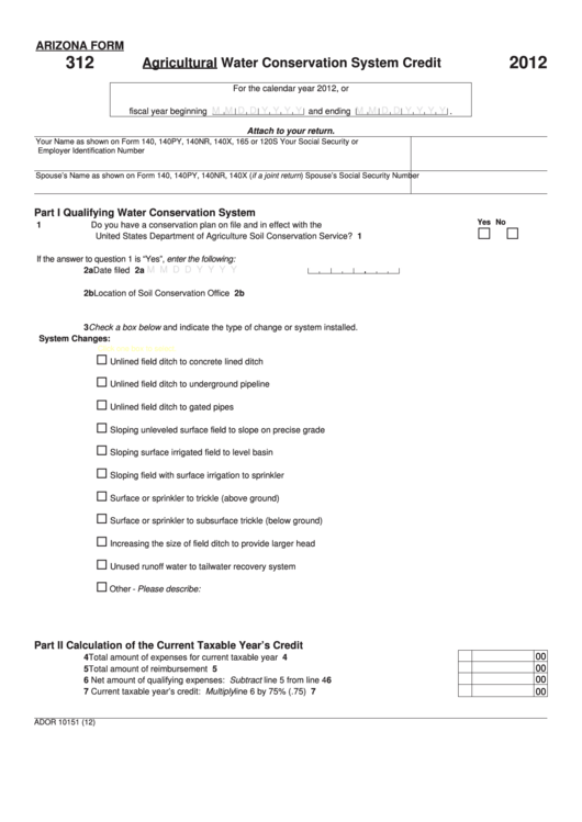 Fillable Arizona Form 312 - Agricultural Water Conservation System Credit - 2012 Printable pdf