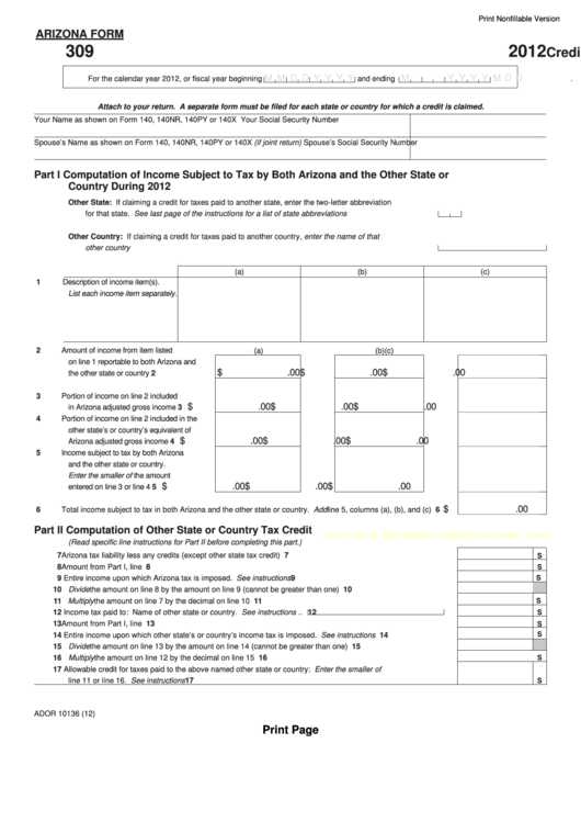 Fillable Arizona Form 309 - Credit For Taxes Paid To Another State Or Country - 2012 Printable pdf