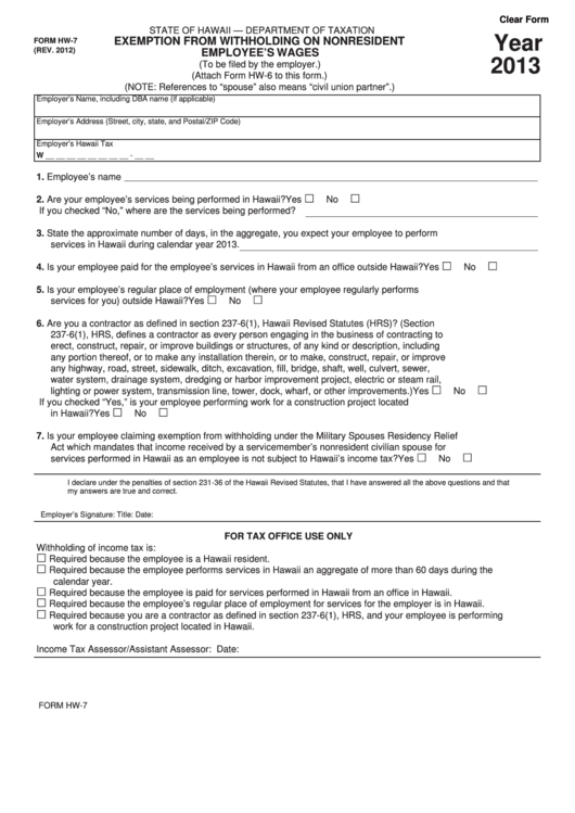 Form Hw-7 - Exemption From Withholding On Nonresident Employee's Wages - 2013