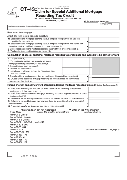 Form Ct-43 - Claim For Special Additional Mortgage Recording Tax Credit - 2011 Printable pdf