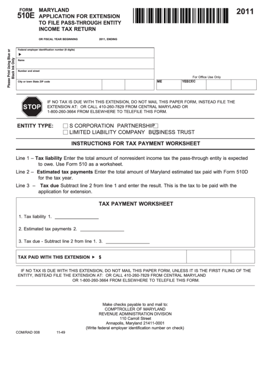 Fillable Form 510e - Maryland Application For Extension To File Pass-Through Entity Income Tax Return - 2011 Printable pdf