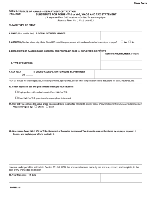 Form L-15 - Substitute For Form Hw-2 Or W-2, Wage And Tax Statement