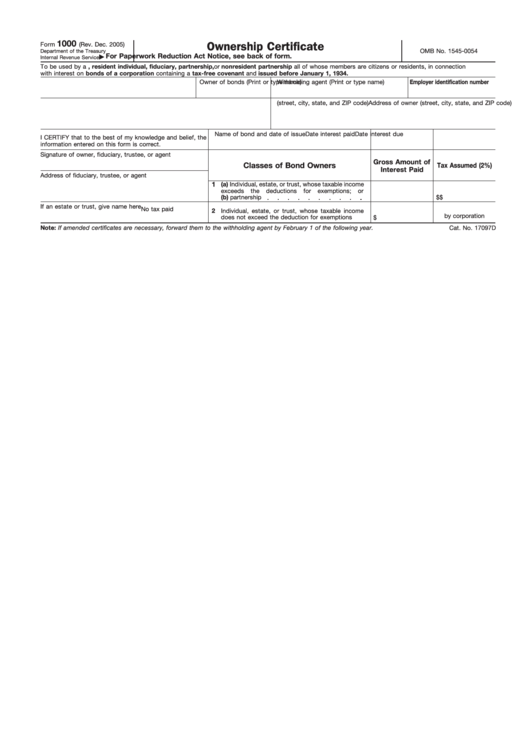 Fillable Form 1000 - Ownership Certificate Printable pdf