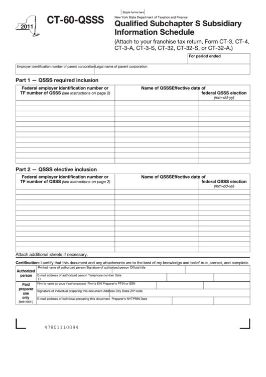 Form Ct-60-Qsss - Qualified Subchapter S Subsidiary Information Schedule - 2011 Printable pdf