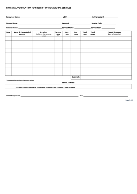 Parental Verification For Receipt Of Behavioral Services Printable pdf