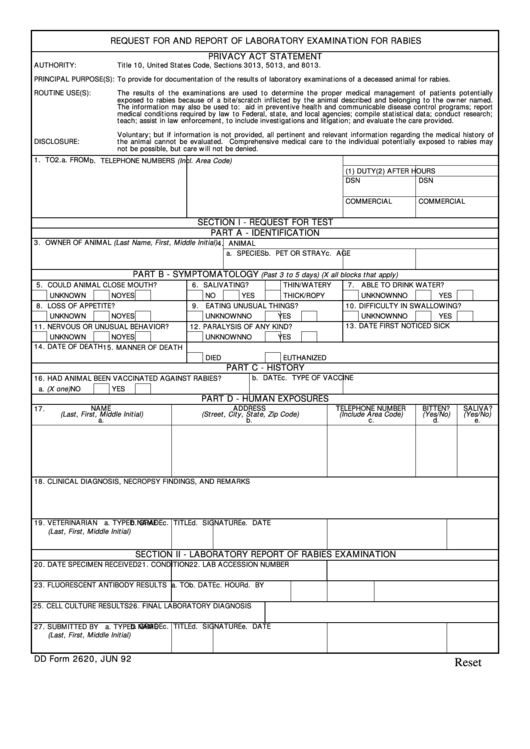 Fillable Dd Form 2620 - Request For And Report Of Laboratory Examination For Rabies Printable pdf