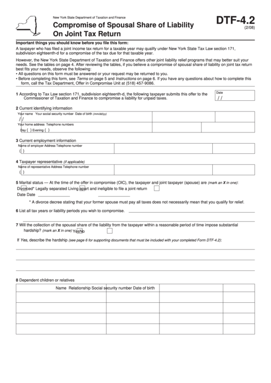 Form Dtf-4.2 - Compromise Of Spousal Share Of Liability On Joint Tax Return Printable pdf