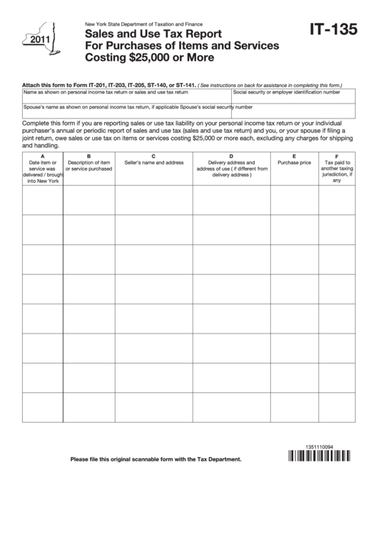 Fillable Form It-135 - Sales And Use Tax Report For Purchases Of Items And Services Costing 25,000 Or More - 2011 Printable pdf
