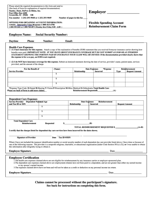 Flexible Spending Account Reimbursement Claim Form Printable pdf