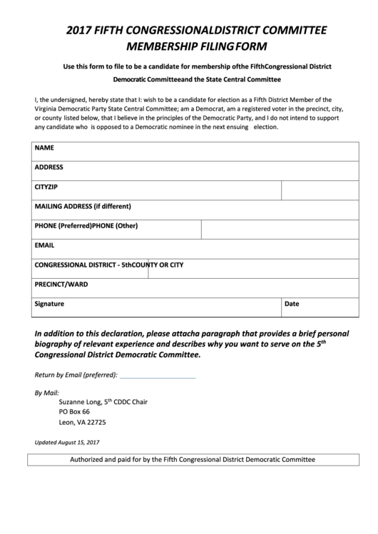 Fillable 2017 Fifth Congressional District Committee Membership Filing Form Printable pdf