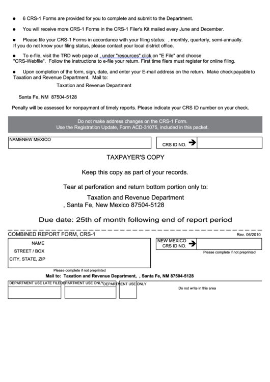Fillable Form Crs-1 - Combined Report Form, Crs-1 Printable pdf
