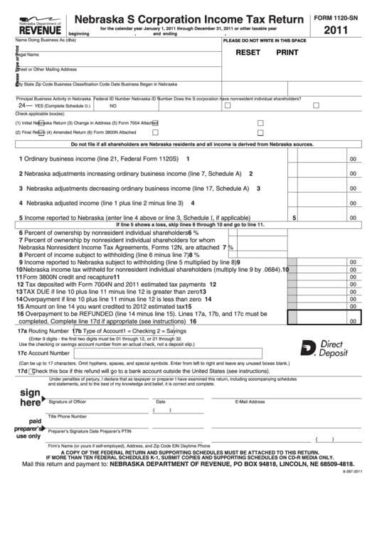 Fillable Form 1120-Sn - Nebraska S Corporation Income Tax Return - 2011 Printable pdf