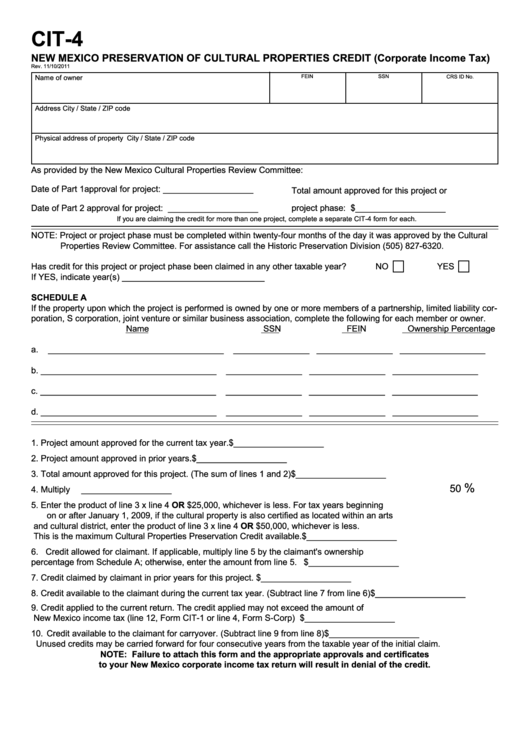 Form Cit-4 - New Mexico Preservation Of Cultural Properties Credit (Corporate Income Tax) Printable pdf
