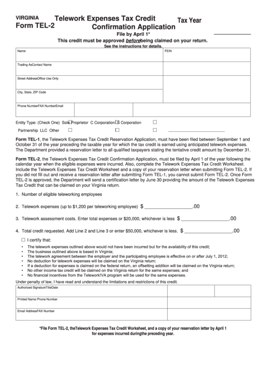 Fillable Form Tel-2 - Telework Expenses Tax Credit Confirmation Application Printable pdf