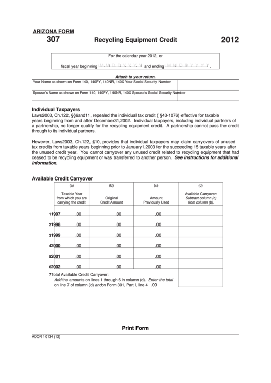 Fillable Arizona Form 307 - Recycling Equipment Credit - 2012 Printable pdf