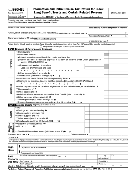 Fillable Form 990-Bl - Information And Initial Excise Tax Return For Black Lung Benefit Trusts And Certain Related Persons Printable pdf