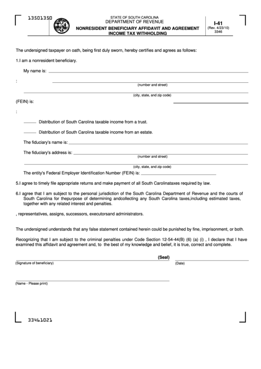 Form I-41 - Nonresident Beneficiary Affidavit And Agreement Income Tax Withholding Printable pdf