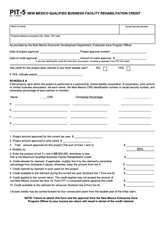 Form Pit-5 - New Mexico Qualified Business Facility Rehabilitation Credit Printable pdf