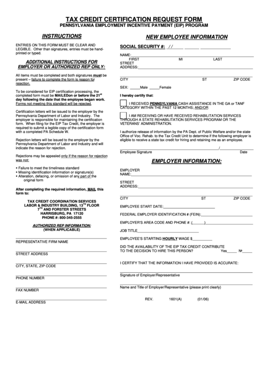 Form Rev-1601(A) - Tax Credit Certification Request Form Printable pdf