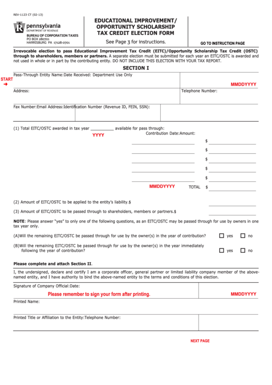 Fillable Form Rev-1123 - Educational Improvement/opportunity Scholarship Tax Credit Election Form Printable pdf