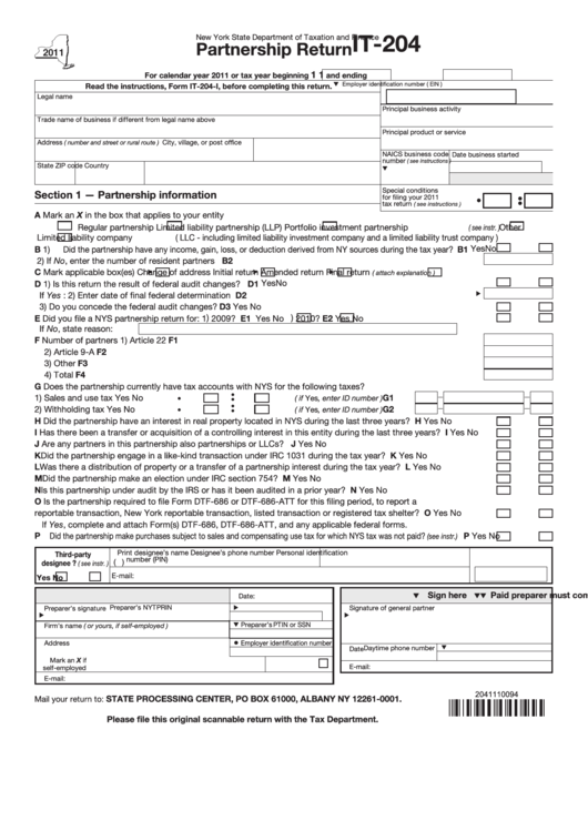 Fillable Form It-204 - Partnership Return - 2011 Printable pdf