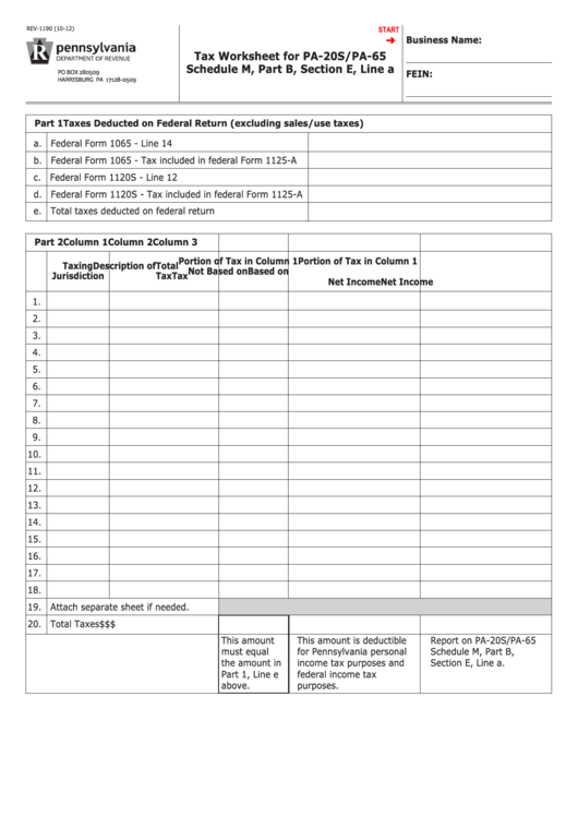 Fillable Form Rev-1190 - Tax Worksheet For Pa-20s/pa-65 Schedule M, Part B, Section E, Line A Printable pdf
