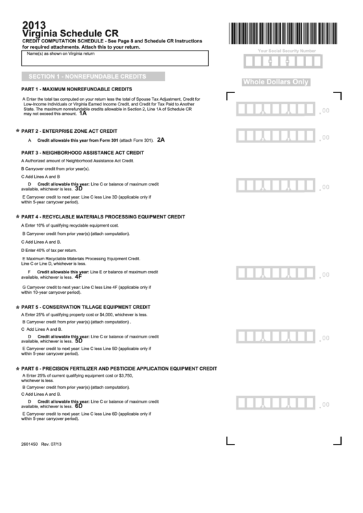 Fillable Virginia Schedule Cr - Credit Computation Schedule - 2013 Printable pdf