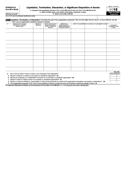 Fillable Schedule N (Form 990 Or 990-Ez) - Liquidation, Termination, Dissolution, Or Significant Disposition Of Assets - 2012 Printable pdf